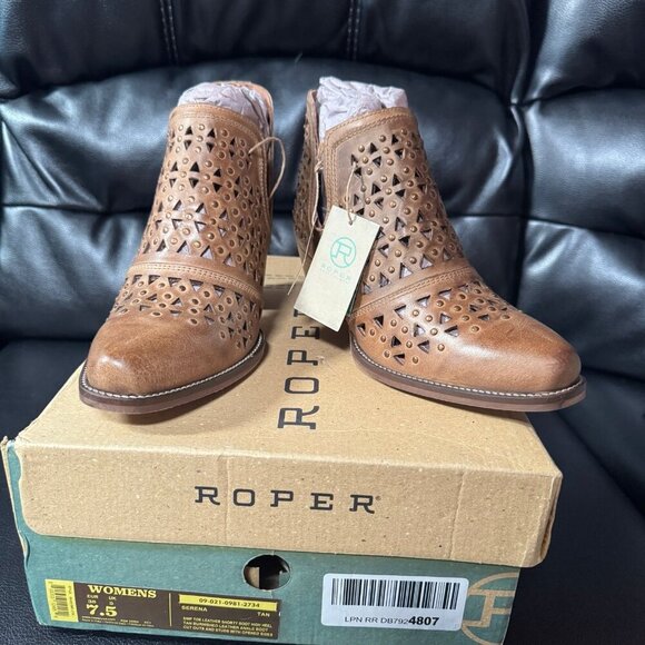ROPER Womens Tan Leather Serena Cut-Outs Ankle Boots 7.5 - Picture 2 of 7